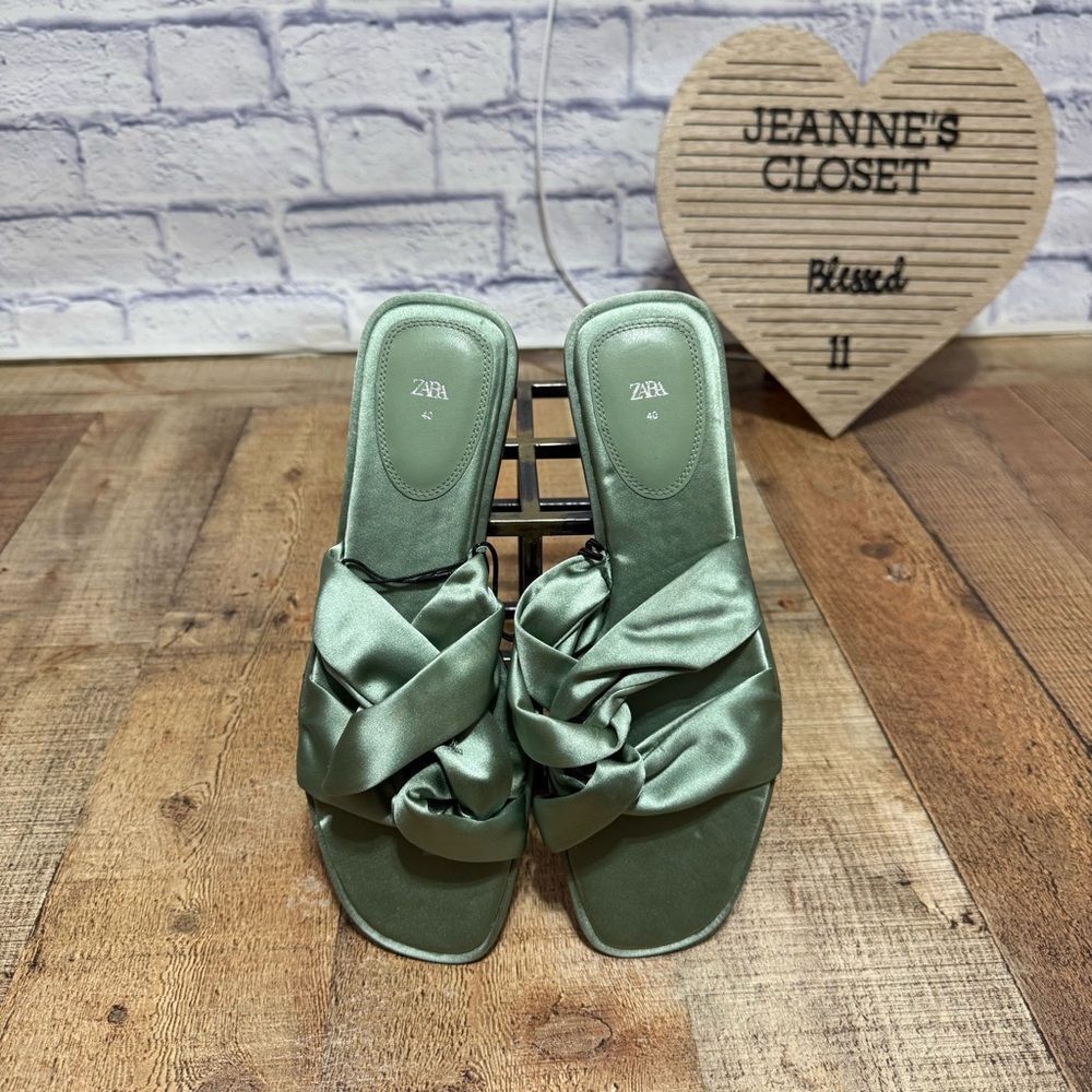 Zara green SILKY SATIN BOW SLIPPERS nwt